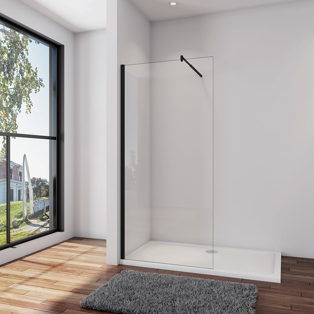 Walk In Duschwand Dusche 150 x H.200 cm 10mm NANO Glas Schwarz Stabistange 70-120cm Duschhaus