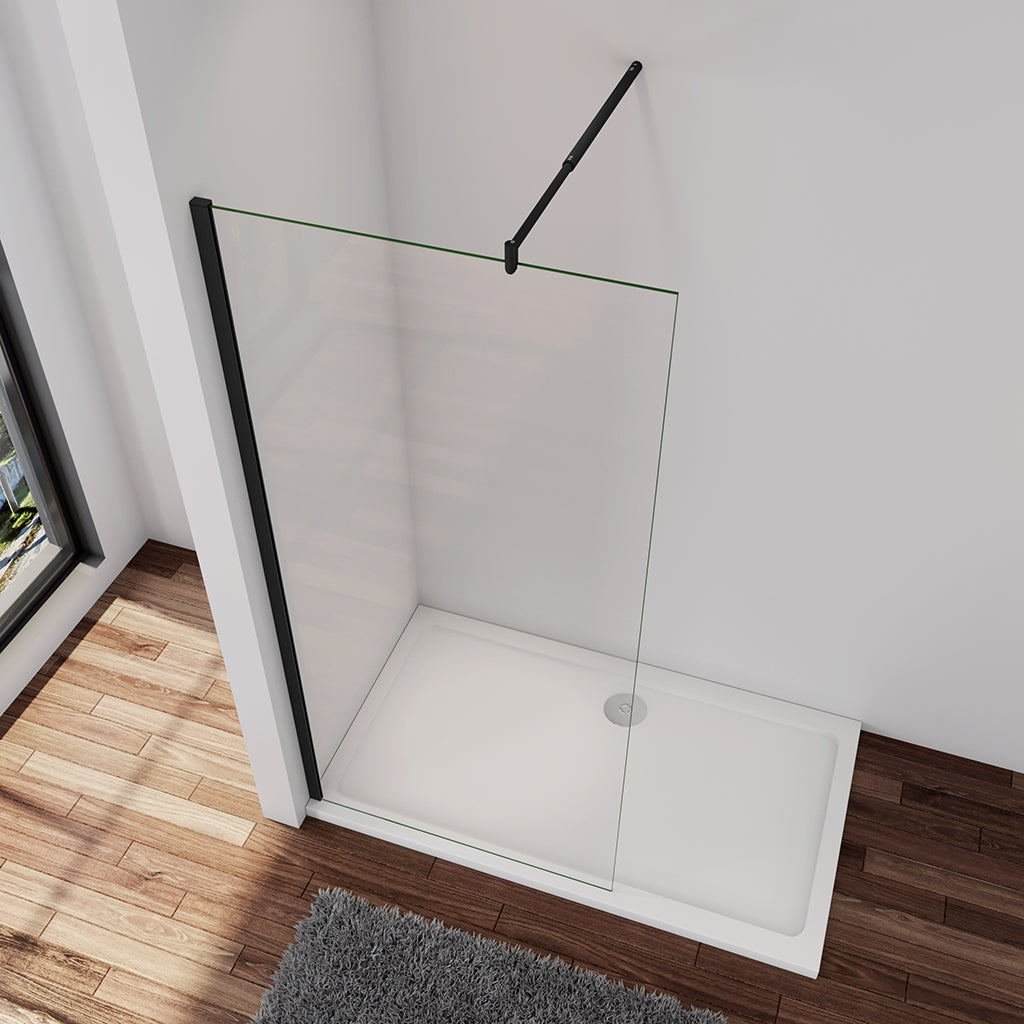 Walk In Dusche Duschwand 150 x H.200 cm 10mm NANO Glas Schwarz Stabistange 70-120cm Duschhaus