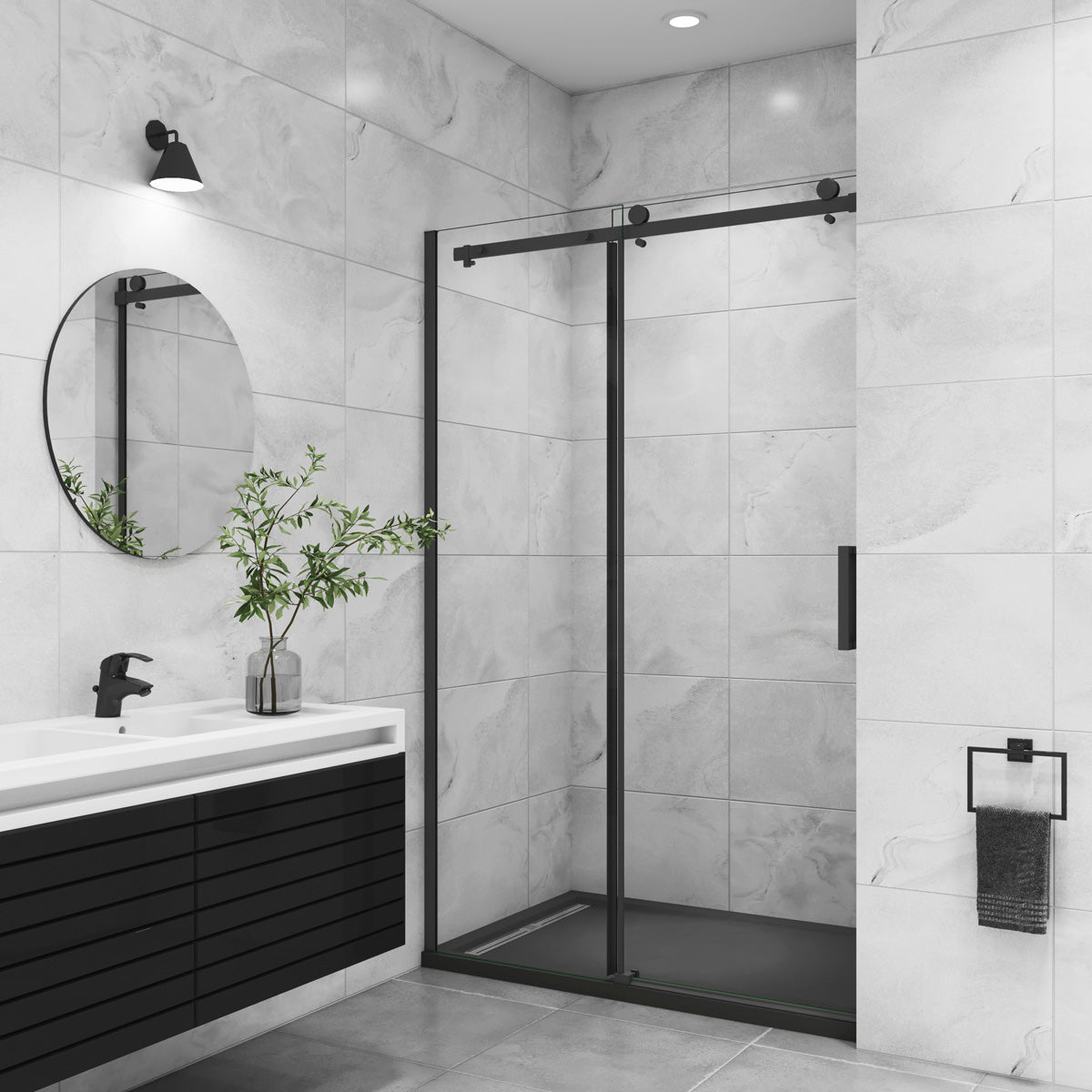 Nischentür Schiebetür 8mm NANO Glas 120 cm Höhe 200cm Dusche Duschabtrennung schwarz